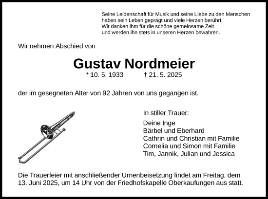 Todesanzeige von Gustav Nordmeier von HNA