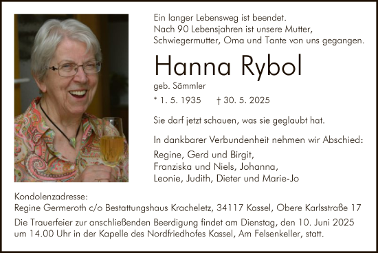 Todesanzeige von Hanna Rybol von HNA