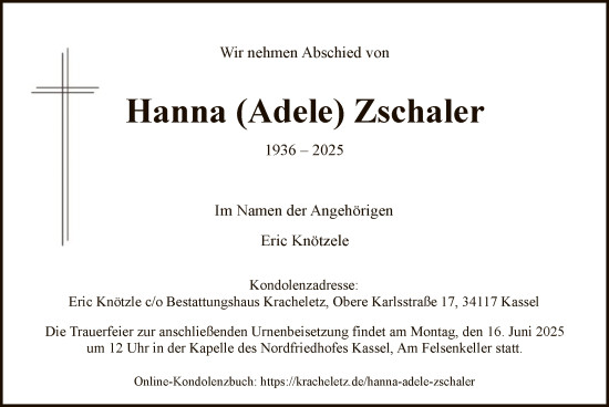 Todesanzeige von Hanna Zschaler von HNA