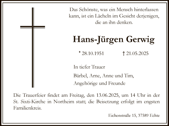 Todesanzeige von Hans-Jürgen Gerwig von HNA