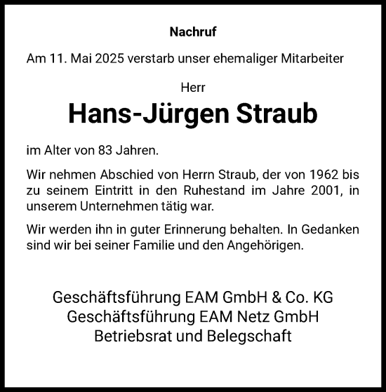 Todesanzeige von Hans-Jürgen Straub von HNA