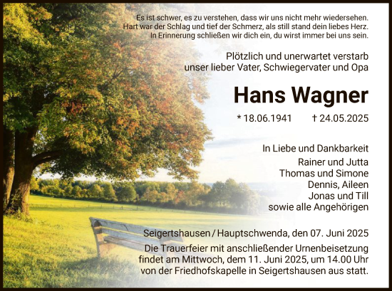 Todesanzeige von Hans Wagner von HNA