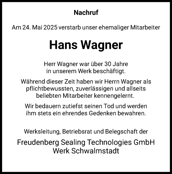 Todesanzeige von Hans Wagner von HNA