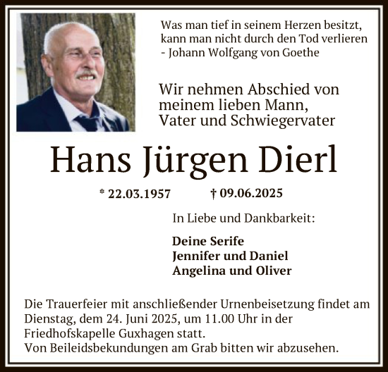 Todesanzeige von Hans Jürgen Dierl von HNA