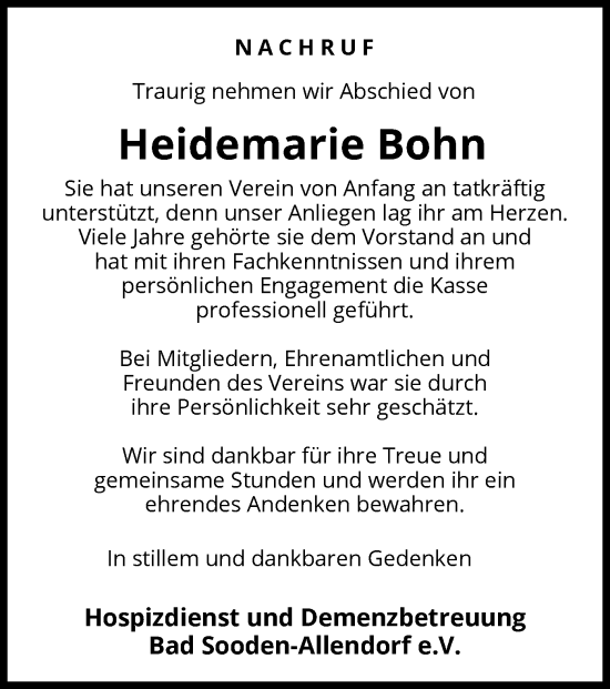 Todesanzeige von Heidemarie Bohn von HNA