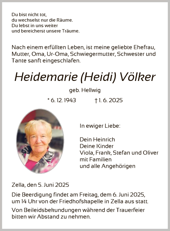 Todesanzeige von Heidemarie Völker von HNA