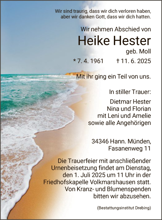 Todesanzeige von Heike Hester von HNA