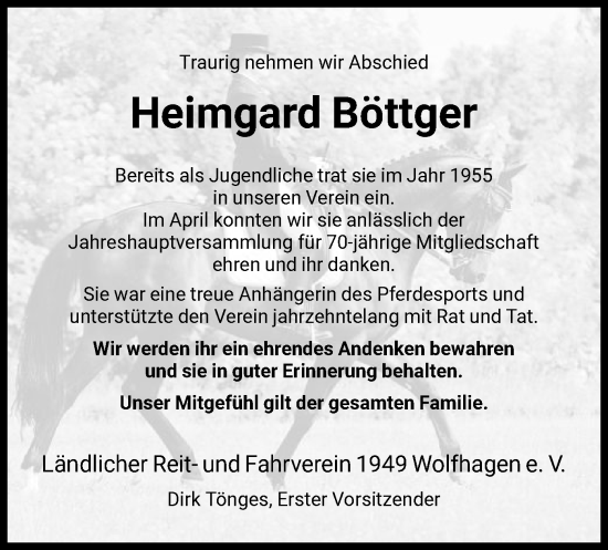 Todesanzeige von Heimgard Böttger von HNA