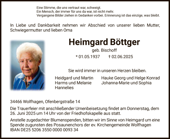 Todesanzeige von Heimgard Böttger von HNA