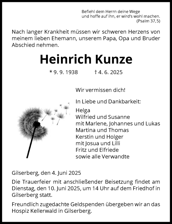 Todesanzeige von Heinrich Kunze von HNA