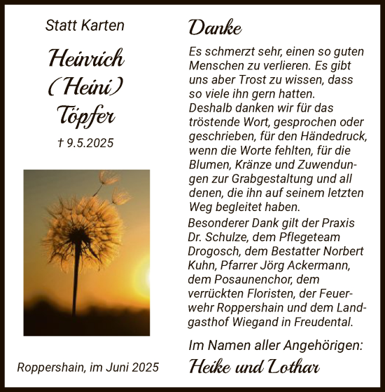 Todesanzeige von Heinrich Töpfer von HNA