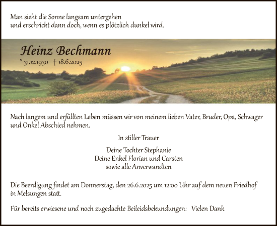 Todesanzeige von Heinz Bechmann von HNA