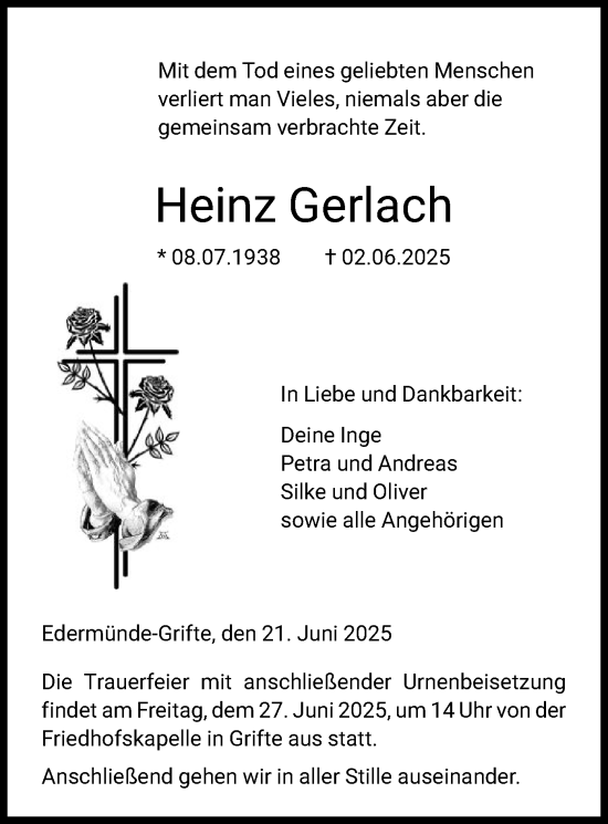 Todesanzeige von Heinz Gerlach von HNAHNA