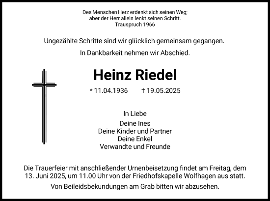 Todesanzeige von Heinz Riedel von HNA