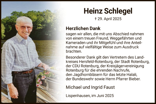 Todesanzeige von Heinz Schlegel von HNA