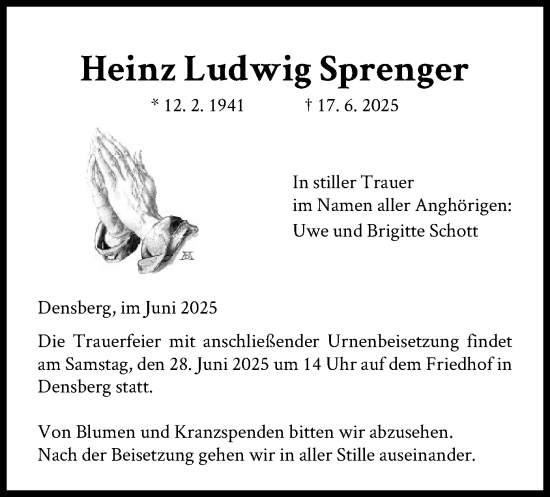 Todesanzeige von Heinz Ludwig Sprenger von HNA