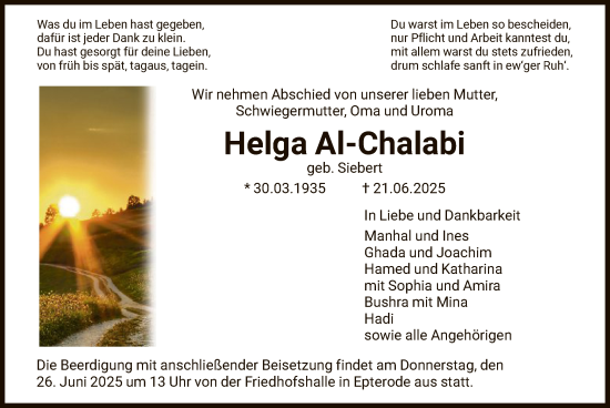 Todesanzeige von Helga Al-Chalabi von HNA