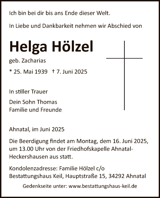 Todesanzeige von Helga Hölzel von HNA