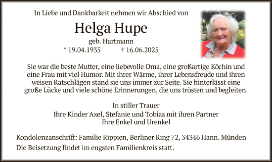 Todesanzeige von Helga Hupe von HNA