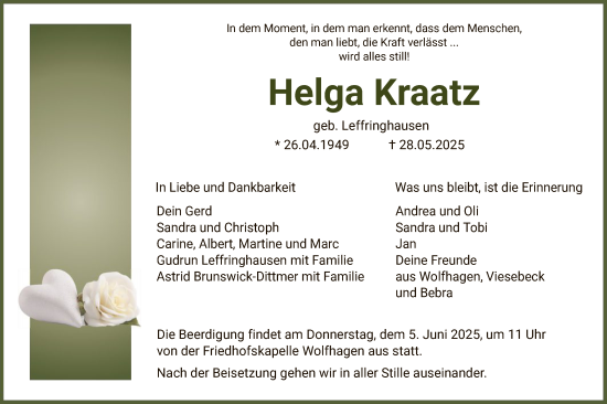 Todesanzeige von Helga Kraatz von HNA