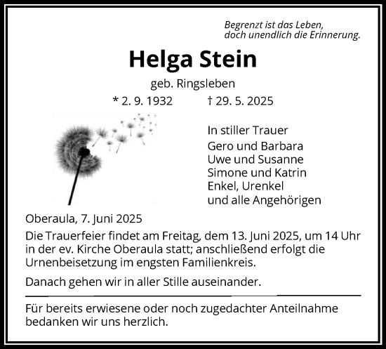 Todesanzeige von Helga Stein von HNA