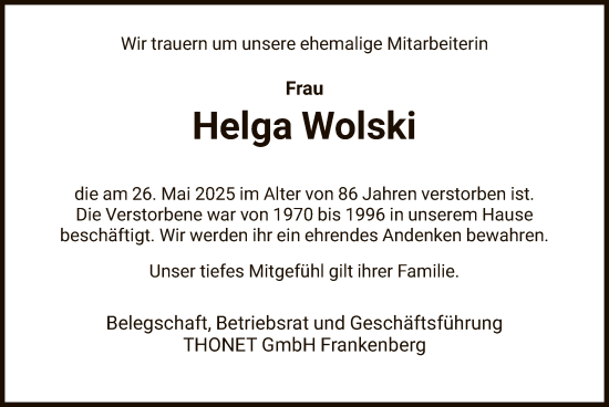 Todesanzeige von Helga Wolski von HNA