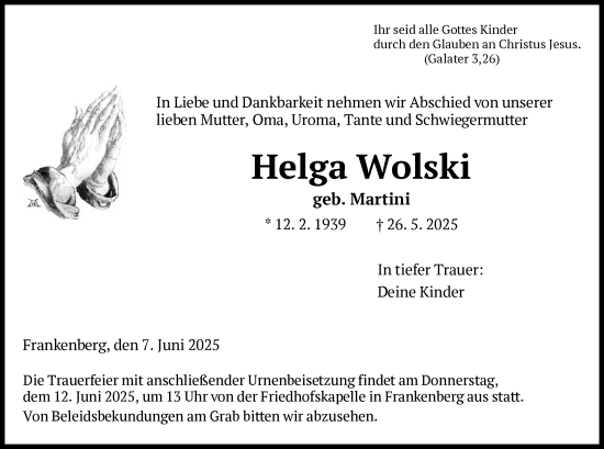 Todesanzeige von Helga Wolski von HNA