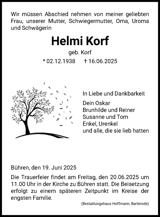 Todesanzeige von Helmi Korf von HNA