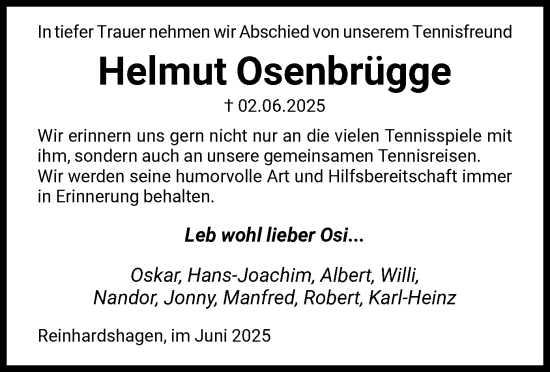 Todesanzeige von Helmut Osenbrügge von HNA