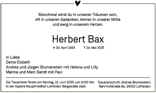 Todesanzeige von Herbert Bax von HNA