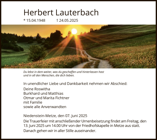 Todesanzeige von Herbert Lauterbach von HNA