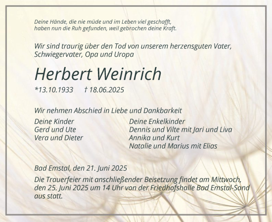 Todesanzeige von Herbert Weinrich von HNA