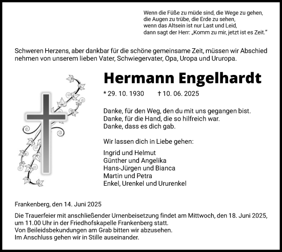 Todesanzeige von Hermann Engelhardt von HNA