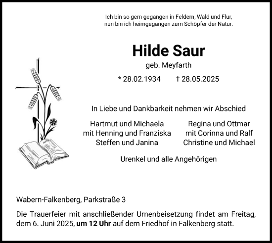 Todesanzeige von Hilde Saur von HNA
