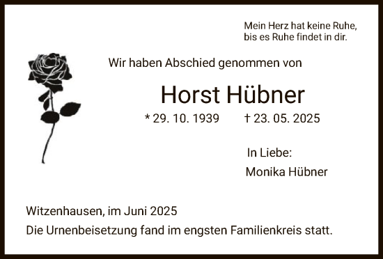 Todesanzeige von Horst Hübner von HNA