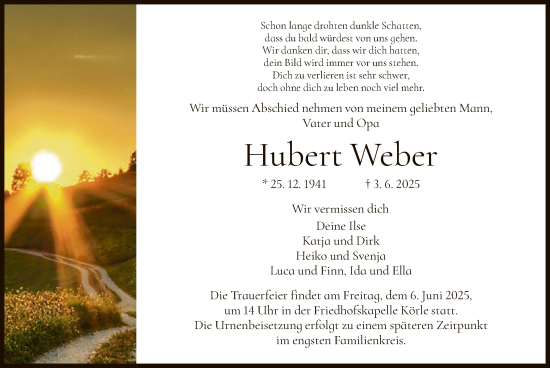 Todesanzeige von Hubert Weber von HNA