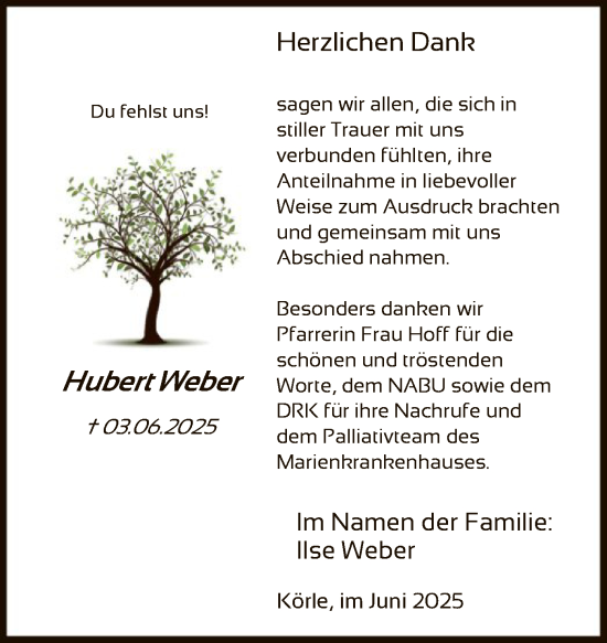 Todesanzeige von Hubert Weber von HNAHNA