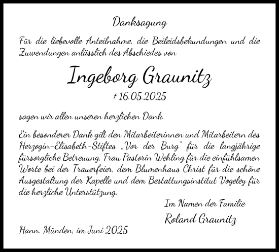 Todesanzeige von Ingeborg Graunitz von HNA