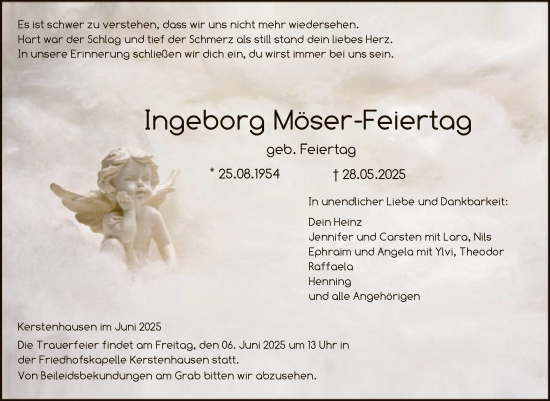 Todesanzeige von Ingeborg Möser-Feiertag von HNA