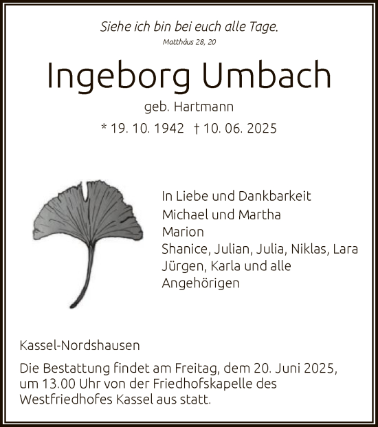 Todesanzeige von Ingeborg Umbach von HNA