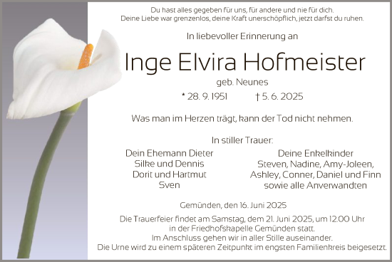 Todesanzeige von Inge Elvira Hofmeister von HNA