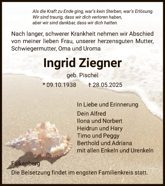 Todesanzeige von Ingrid Ziegner von HNA
