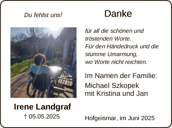 Todesanzeige von Irene Landgraf von HNHNA