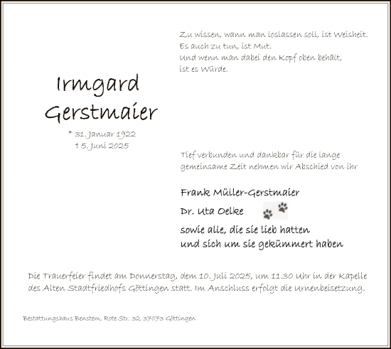 Todesanzeige von Irmgard Gerstmaier von HNA