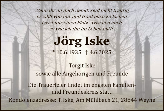 Todesanzeige von Jörg Iske von HNA
