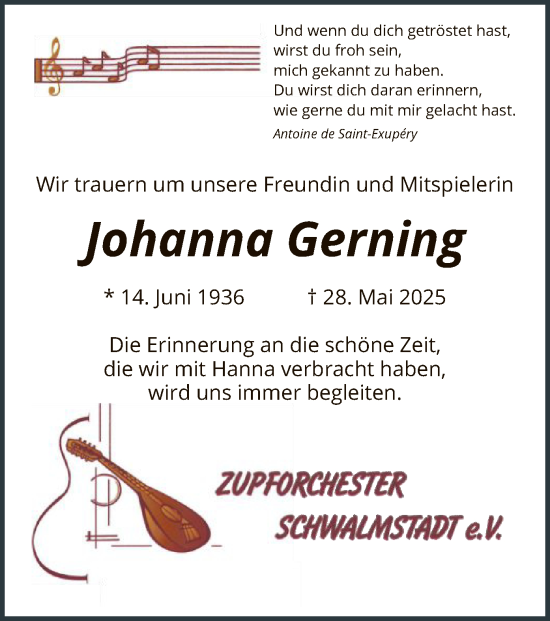 Todesanzeige von Johanna Gerning von HNA