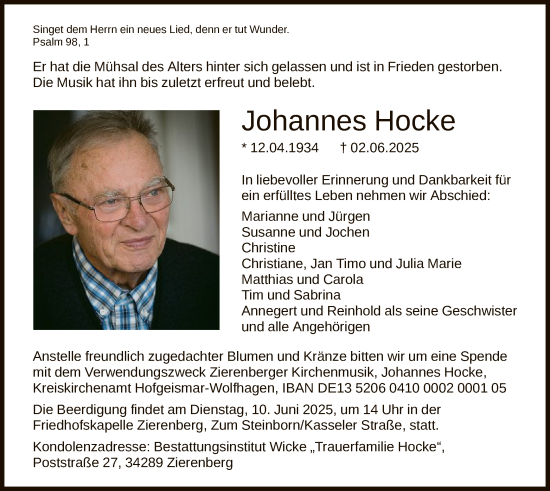 Todesanzeige von Johannes Hocke von HNAHNA