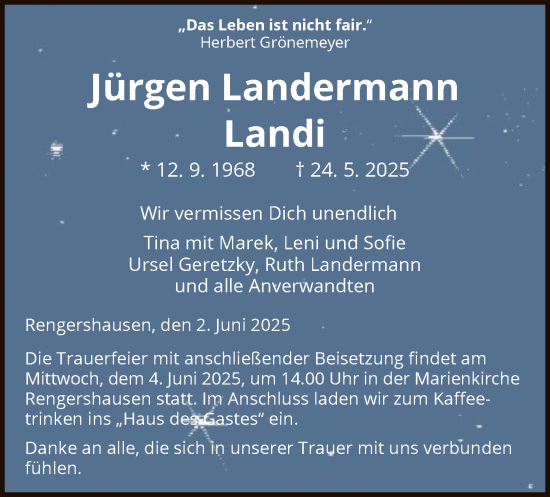 Todesanzeige von Jürgen Landermann von HNA
