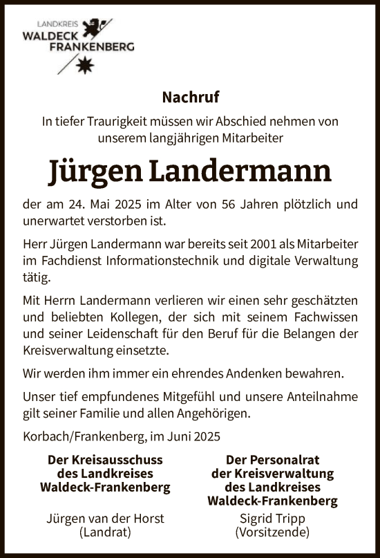 Todesanzeige von Jürgen Landermann von WLZHNA