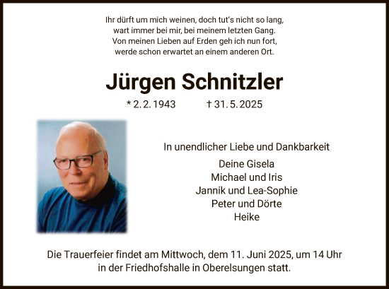 Todesanzeige von Jürgen Schnitzler von HNA